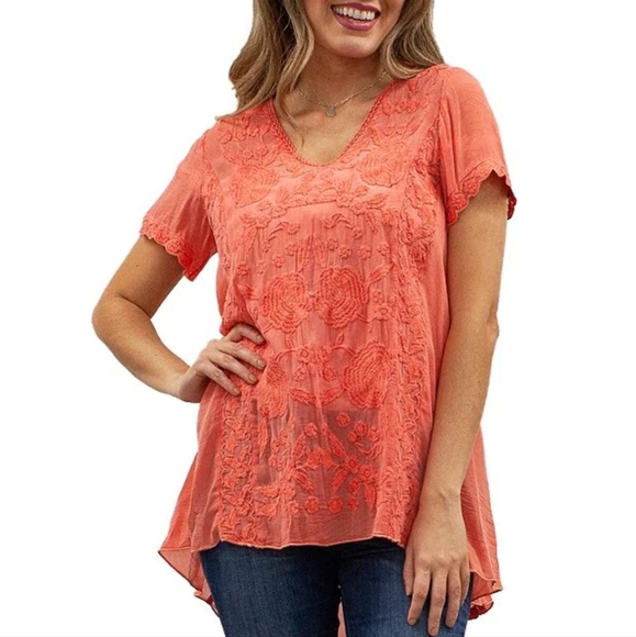 Karyn Seo Martina V-Neck Boho Short Sleeve Tonal Embroidered Asymmetric… - Picture 2 of 10